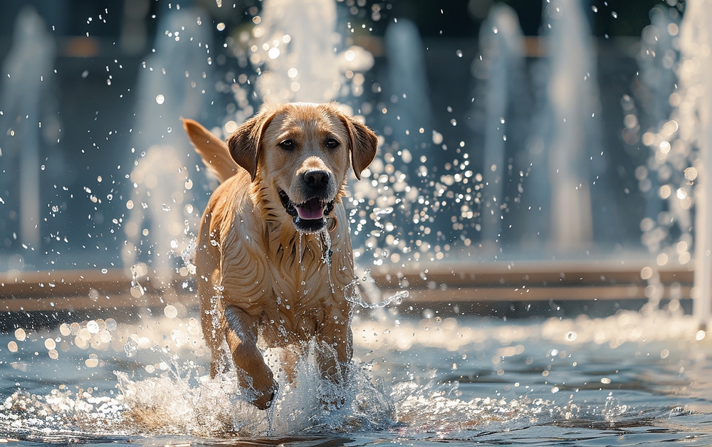 A joyful Labrador retriever splashes through water near decorative fountains on a sunny day - Pet Hospital Collierville